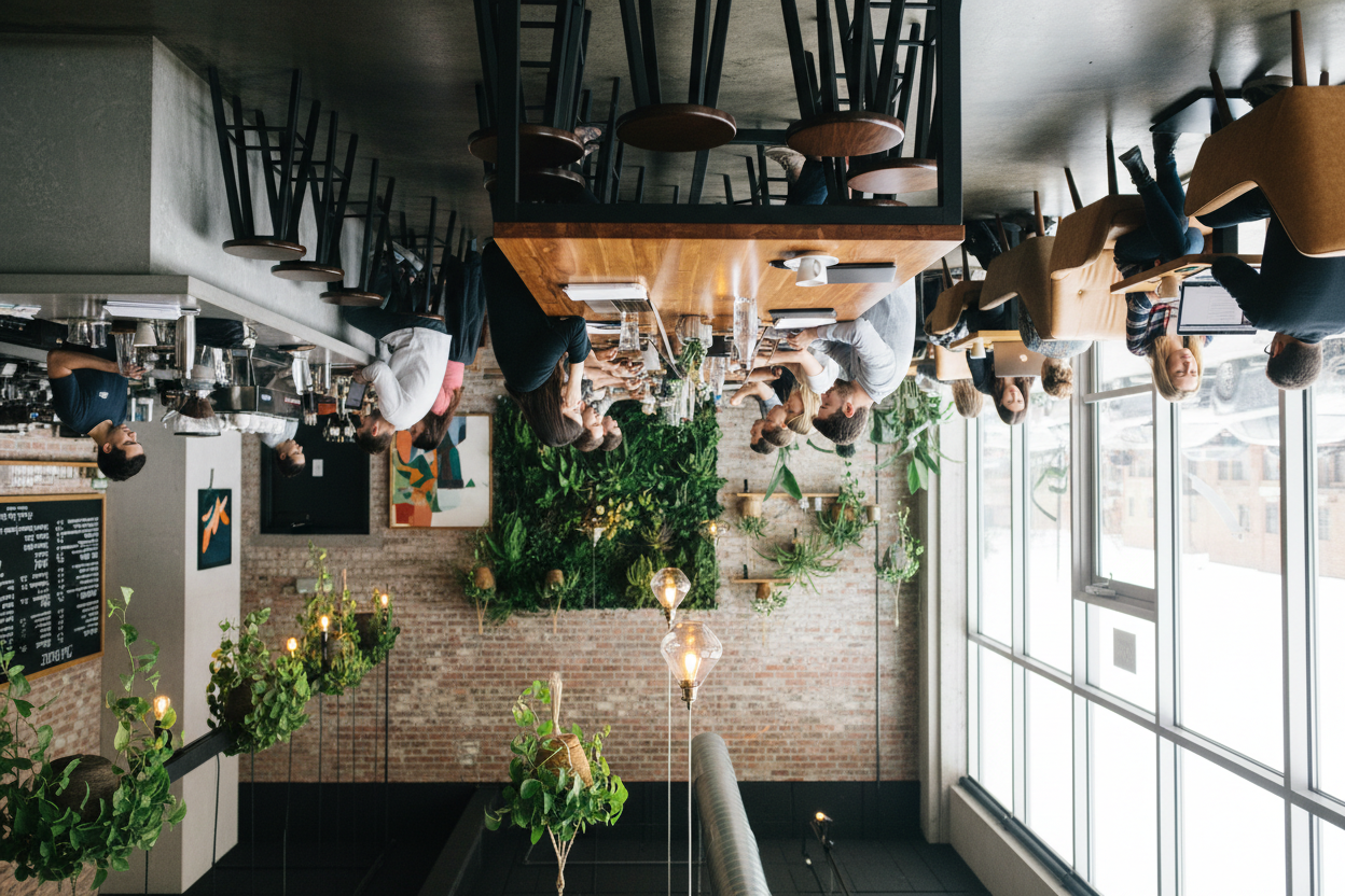 a busy cafe full of coworking and laptops